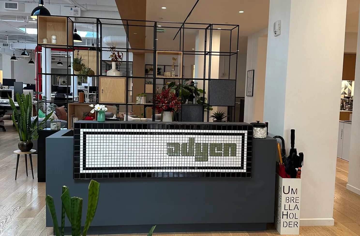 Modern office reception area with a checkered front desk displaying the name “adyen.” Behind it is an open shelving unit with plants and decor. An umbrella holder is positioned on the right.