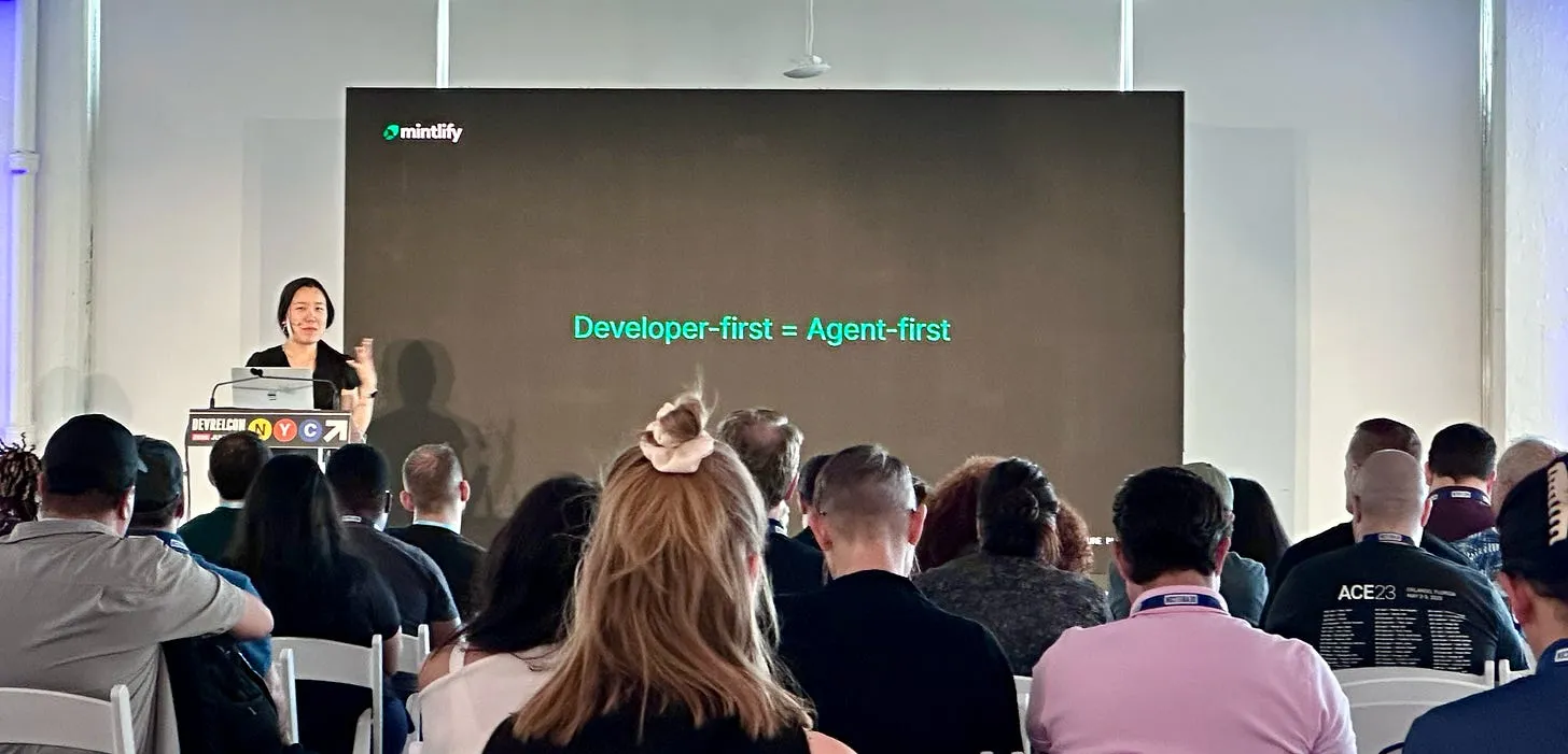A DevRelCon speaker presenting technical trend examples, including coding agent harnesses and zero-trust security.