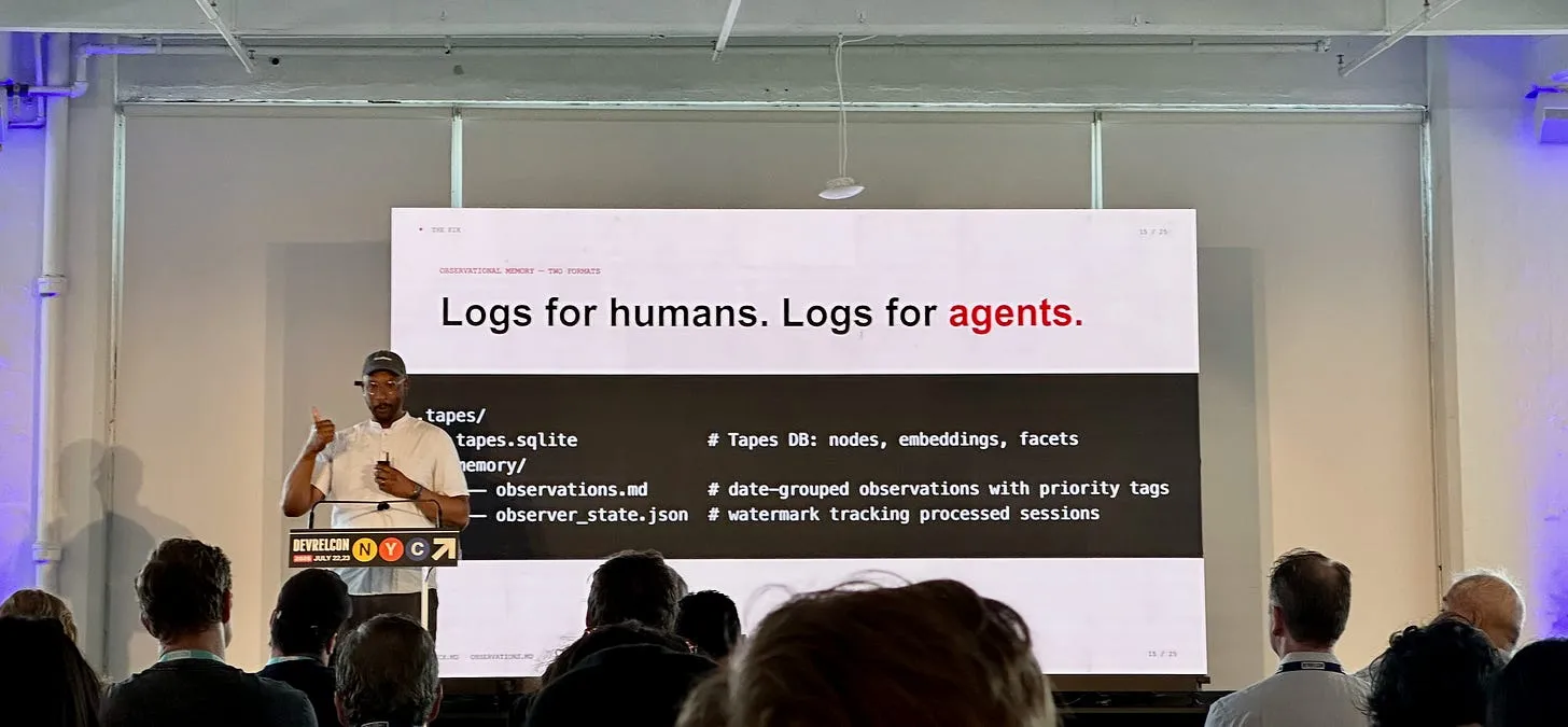 Brian Douglas presenting a slide about logs and memory formats for humans and agents.